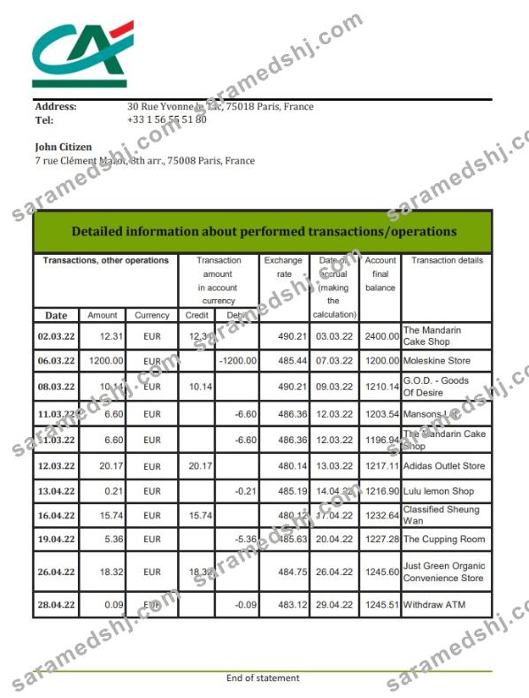 France Credite Agricole Bank statement xls